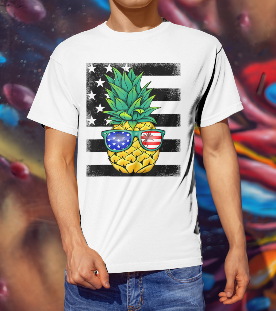 Hawaiian Pineapple With American Flag Sunglasses On Distressed Stars And Stripes Background T-Shirt