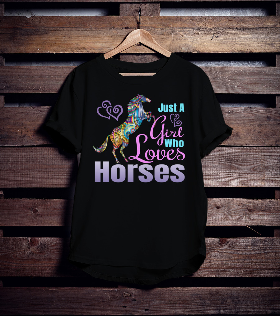 Just A Girl Who Loves Horses Colorful Patterned Horse With Hearts T-Shirt