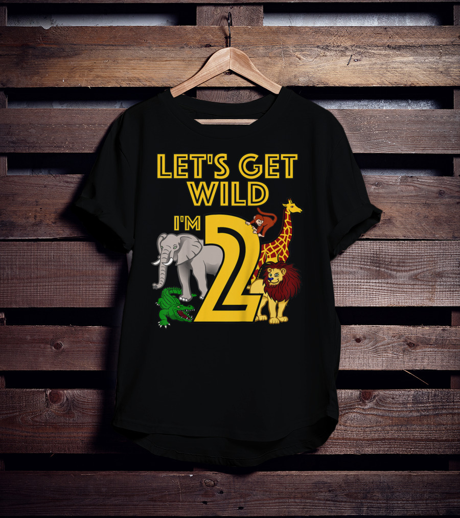 Let's Get Wild I'm 2 Elephant Giraffe Lion Crocodile Birthday Safari Jungle Kids 2 Year Old Zoo T-Shirt