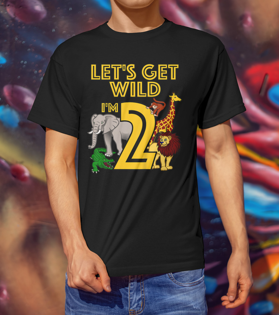 Let's Get Wild I'm 2 Elephant Giraffe Lion Crocodile Birthday Safari Jungle Kids 2 Year Old Zoo T-Shirt