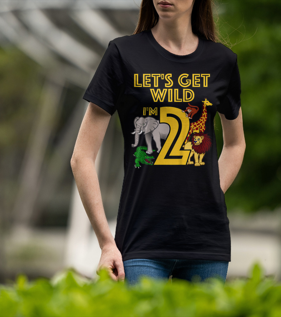 Let's Get Wild I'm 2 Elephant Giraffe Lion Crocodile Birthday Safari Jungle Kids 2 Year Old Zoo T-Shirt
