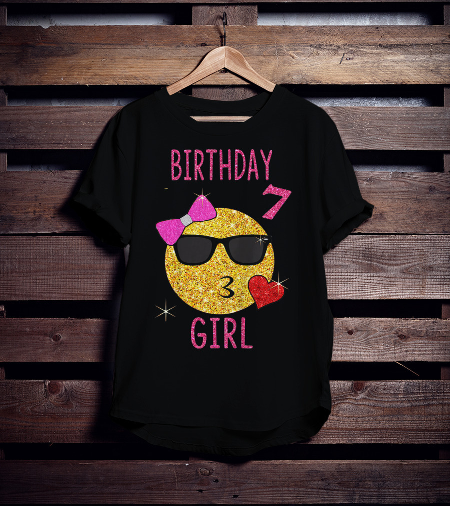 Birthday 7 Girl 7 Years Old Emoji Wearing Sunglasses Bow Heart T-Shirt