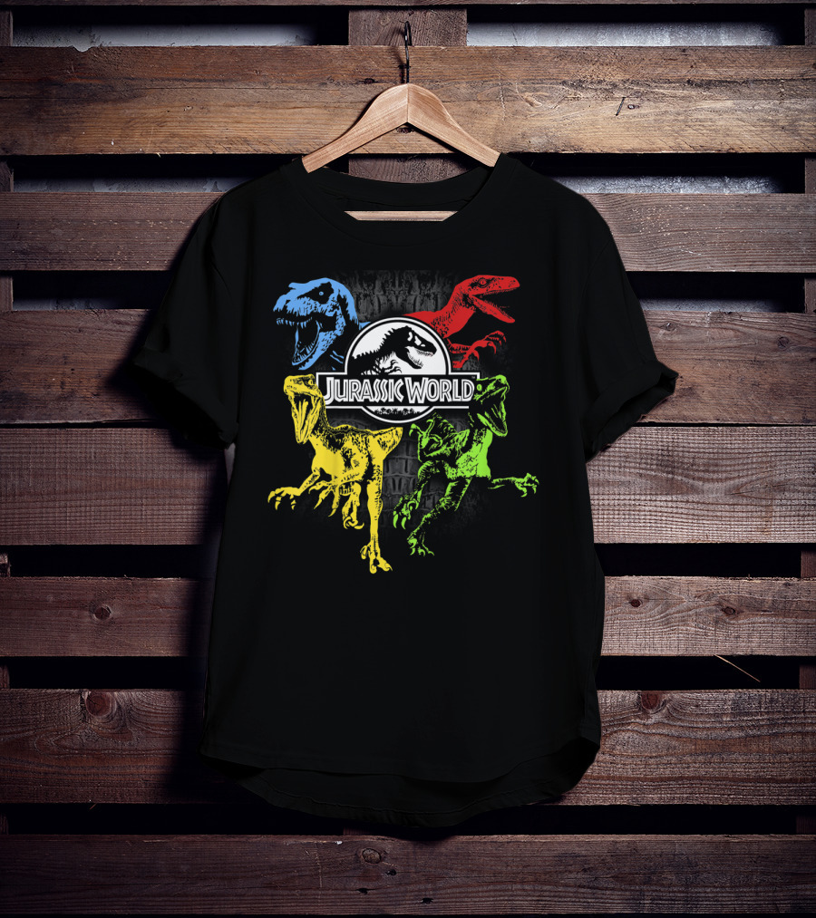 Jurassic World Raptors In Primary Colors Red Blue Yellow Green T-Shirt