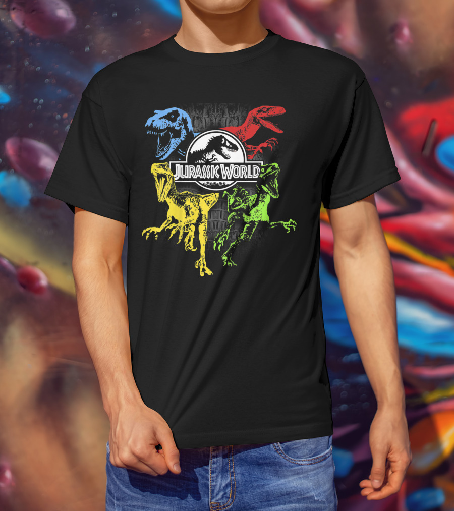 Jurassic World Raptors In Primary Colors Red Blue Yellow Green T-Shirt