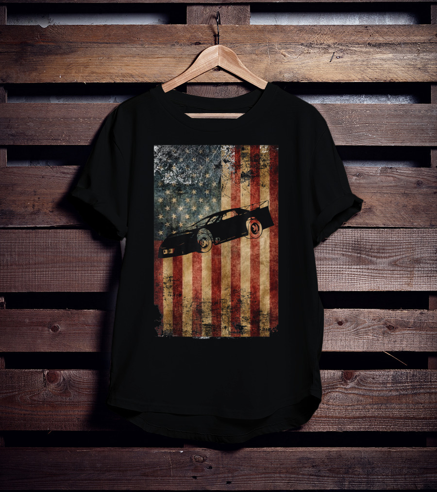 Late Model Dirt Track Racing Distressed American Flag Car T-Shirt