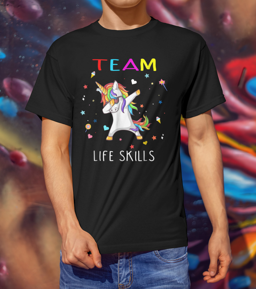 TEAM LIFE SKILLS Unicorn Dabbing Stars And Hearts T-Shirt