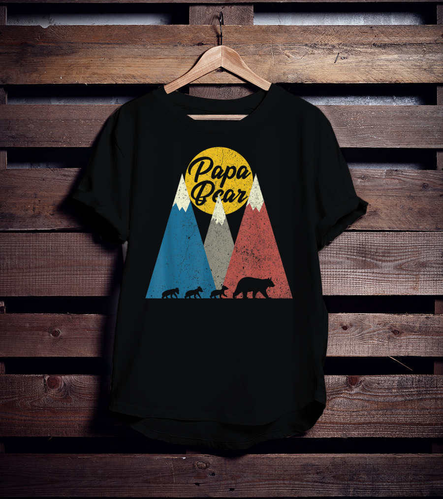 Papa Bear Three Cubs Mountains Retro Triplet Dad T-Shirt