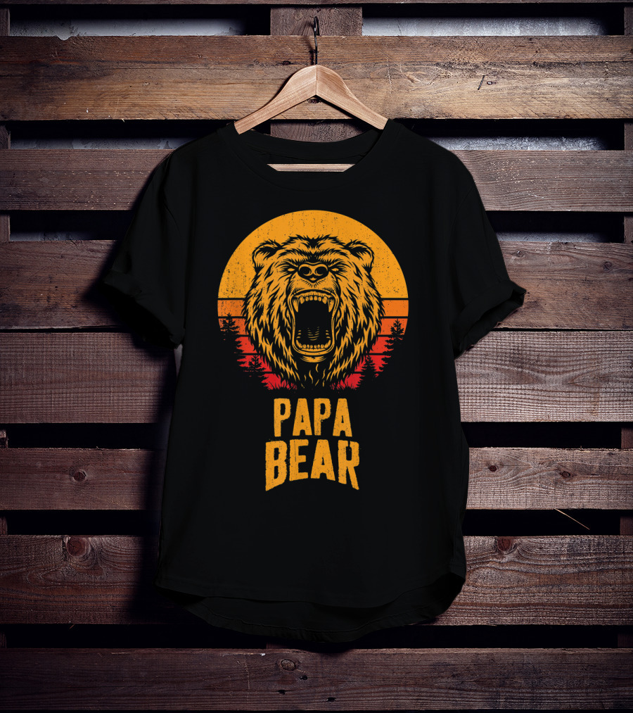 Papa Bear Father's Day Sunset Roaring Bear Forest Scene T-Shirt