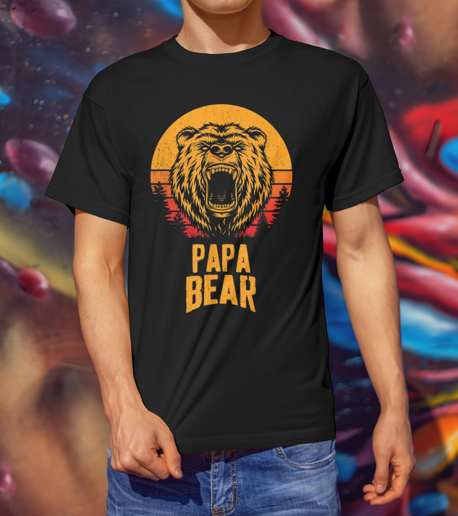 Papa Bear Father's Day Sunset Roaring Bear Forest Scene T-Shirt