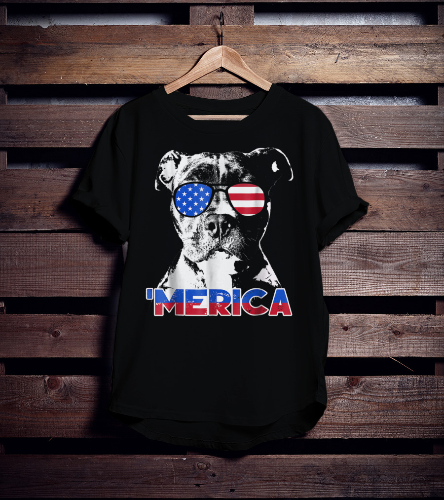 Patriot Pitbull 'Merica With American Flag Sunglasses T-Shirt