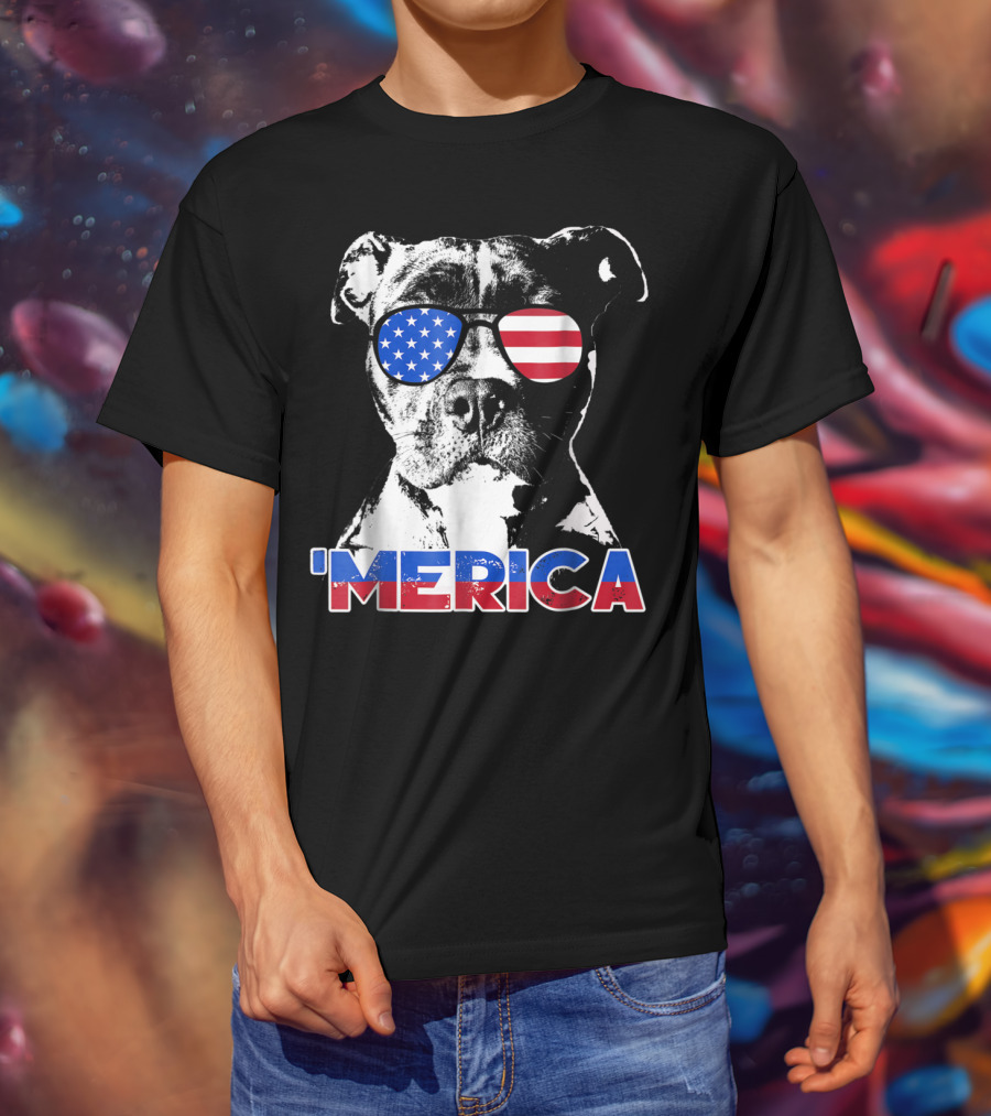 Patriot Pitbull 'Merica With American Flag Sunglasses T-Shirt