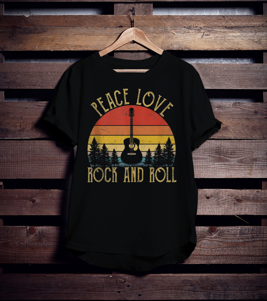 Peace Love Rock And Roll Retro Guitar Sunset Forest Vintage T-Shirt