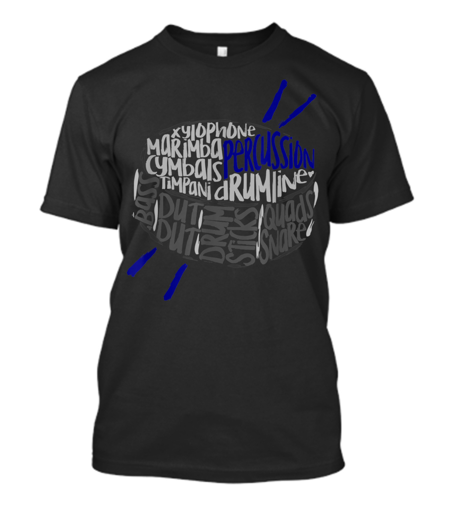 Percussion Drumline Word Cloud With Xylophone Cymbals Timpani Snare Quads Sticks Bass Duty T-Shirt