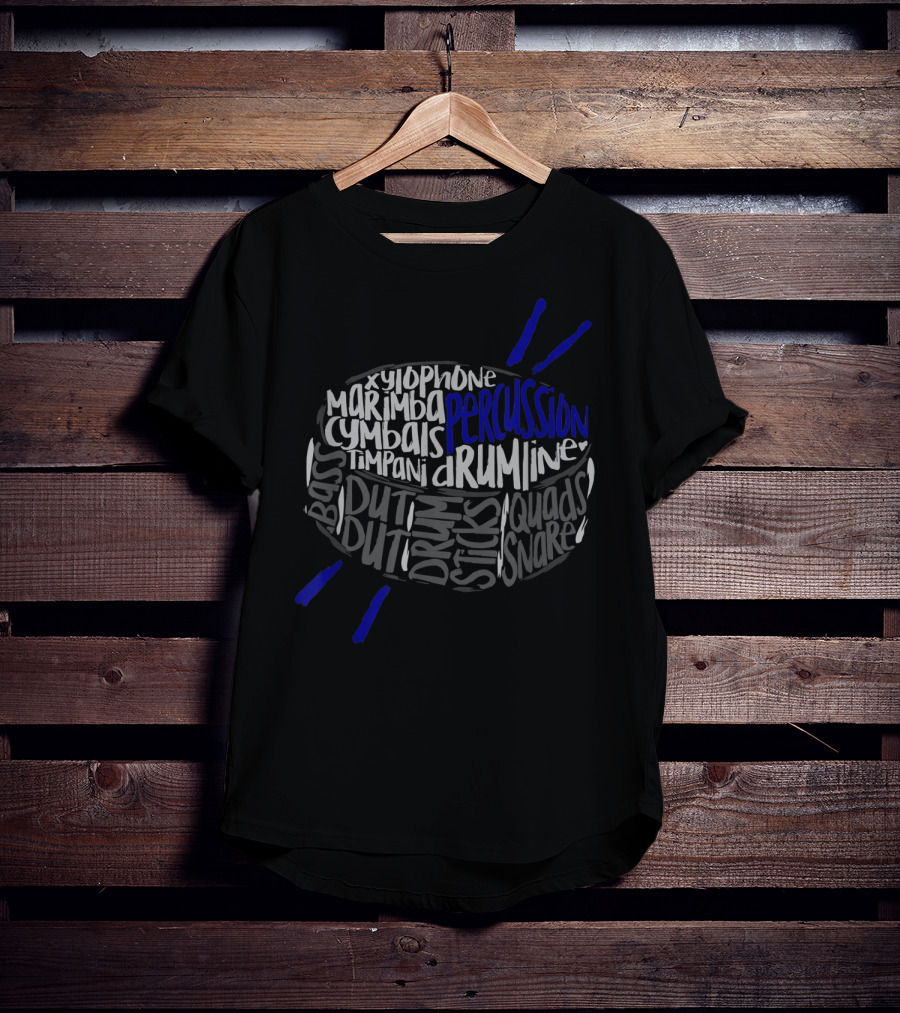 Percussion Drumline Word Cloud With Xylophone Cymbals Timpani Snare Quads Sticks Bass Duty T-Shirt