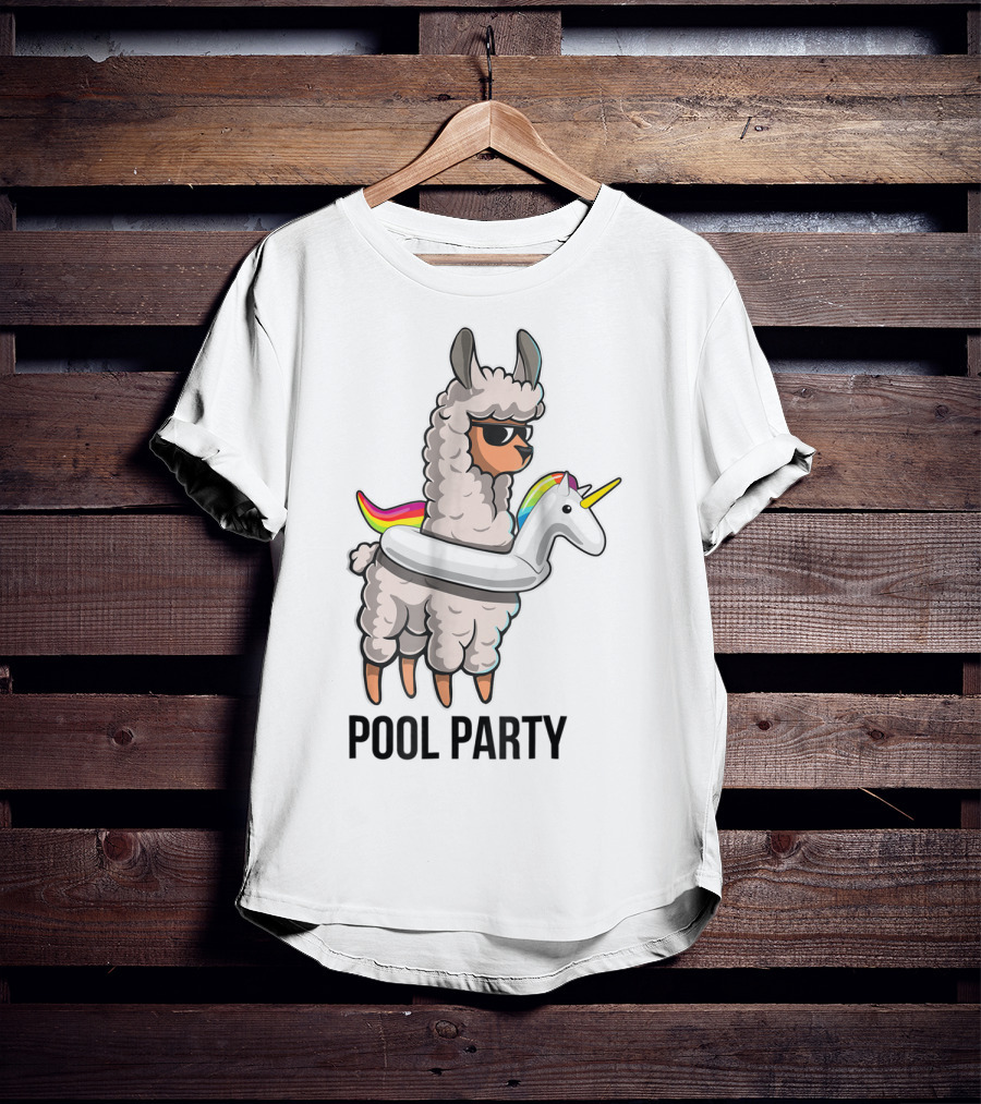 Pool Party Llama With Unicorn Float Funny Llama T-Shirt