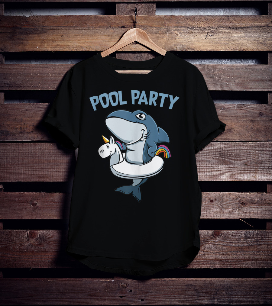 Pool Party Shark With Unicorn Float Rainbow Funny Summer Beach T-Shirt