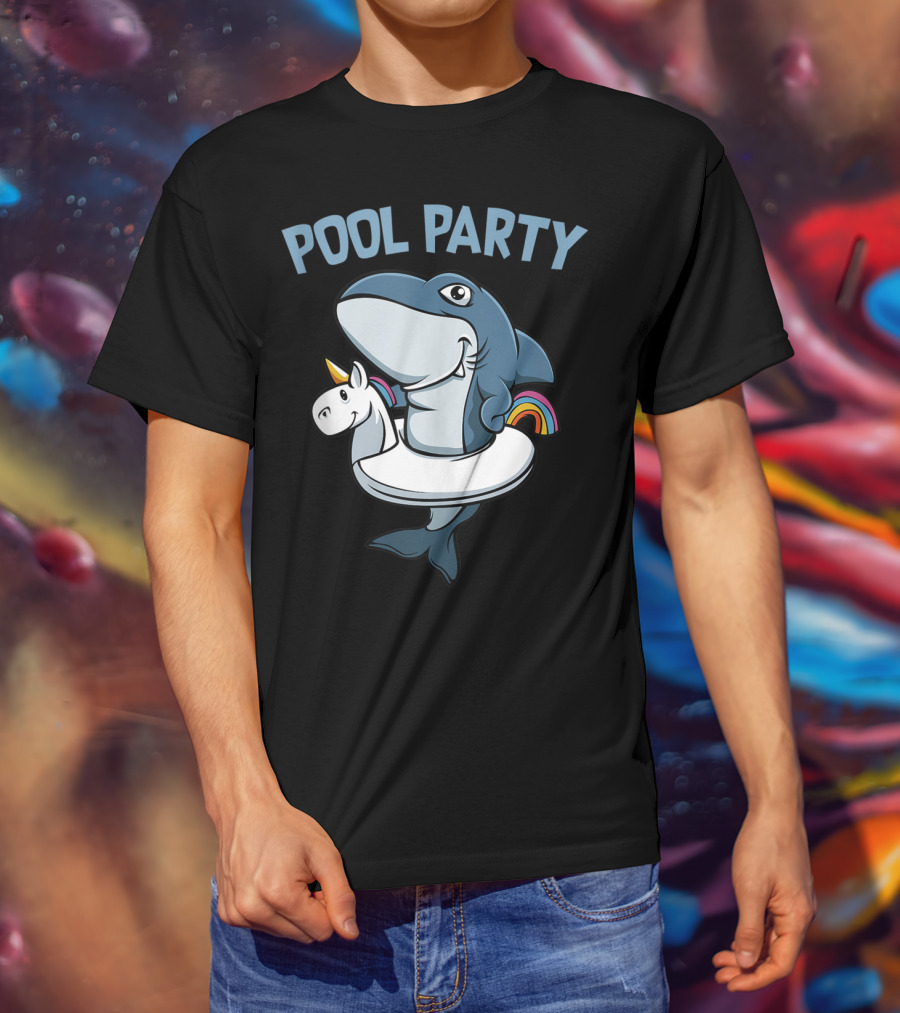Pool Party Shark With Unicorn Float Rainbow Funny Summer Beach T-Shirt