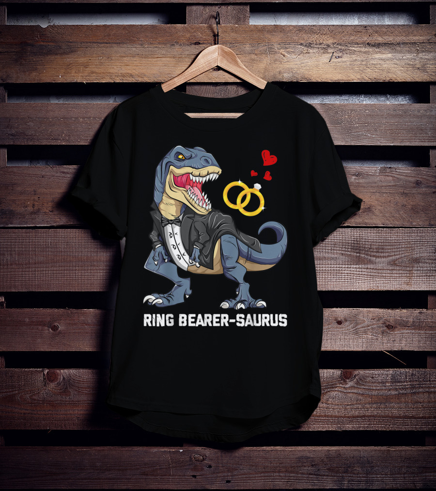 Rex Dinosaur Ring Bearer Saurus In Tuxedo With Wedding Rings And Hearts T-Shirt