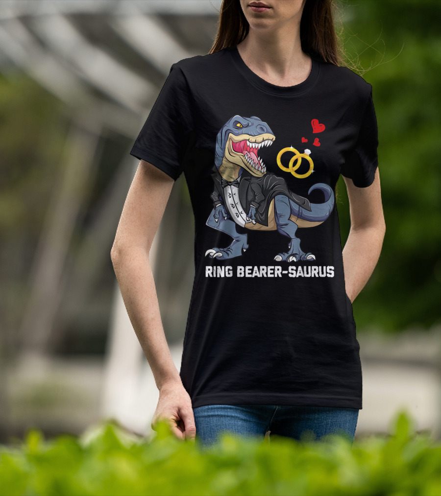 Rex Dinosaur Ring Bearer Saurus In Tuxedo With Wedding Rings And Hearts T-Shirt