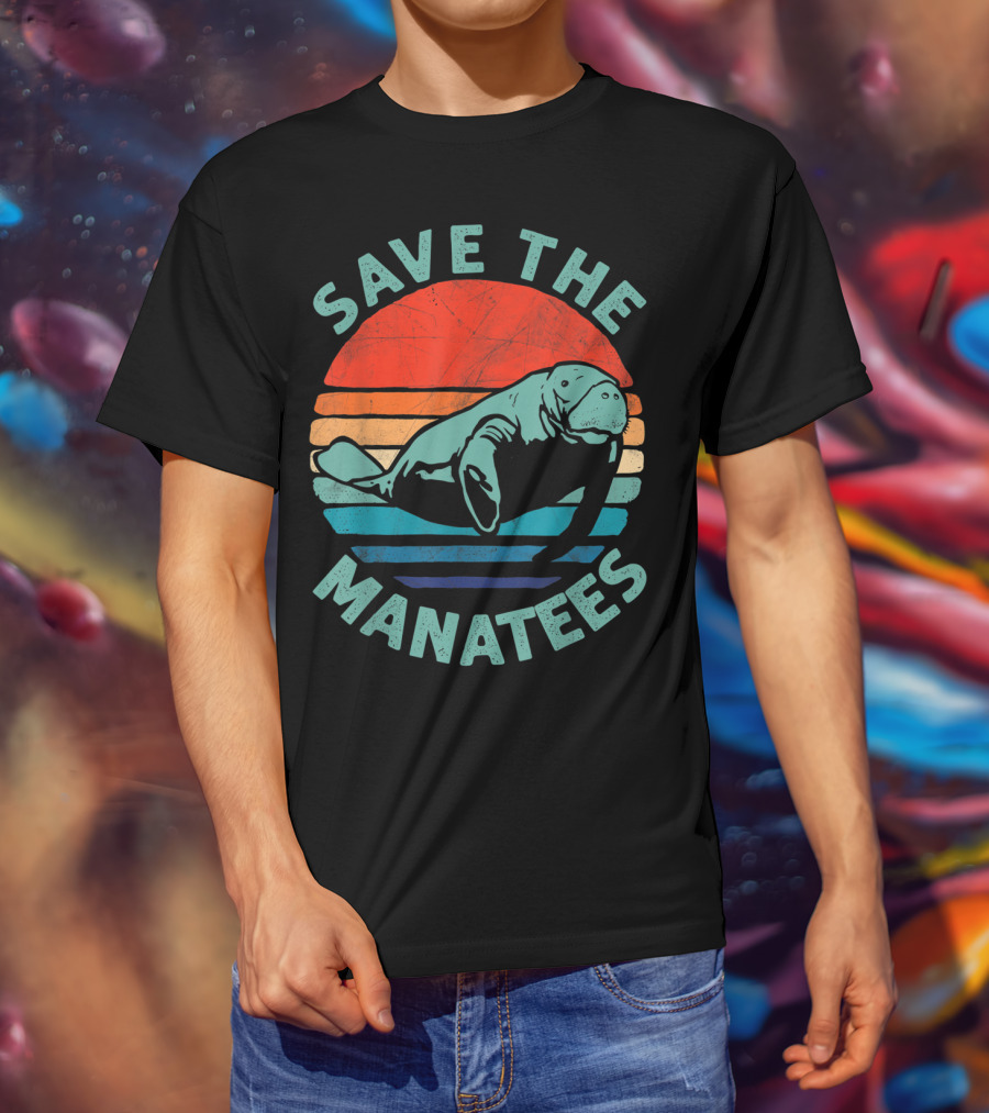 Save The Manatees Retro Stripes Sunset T-Shirt
