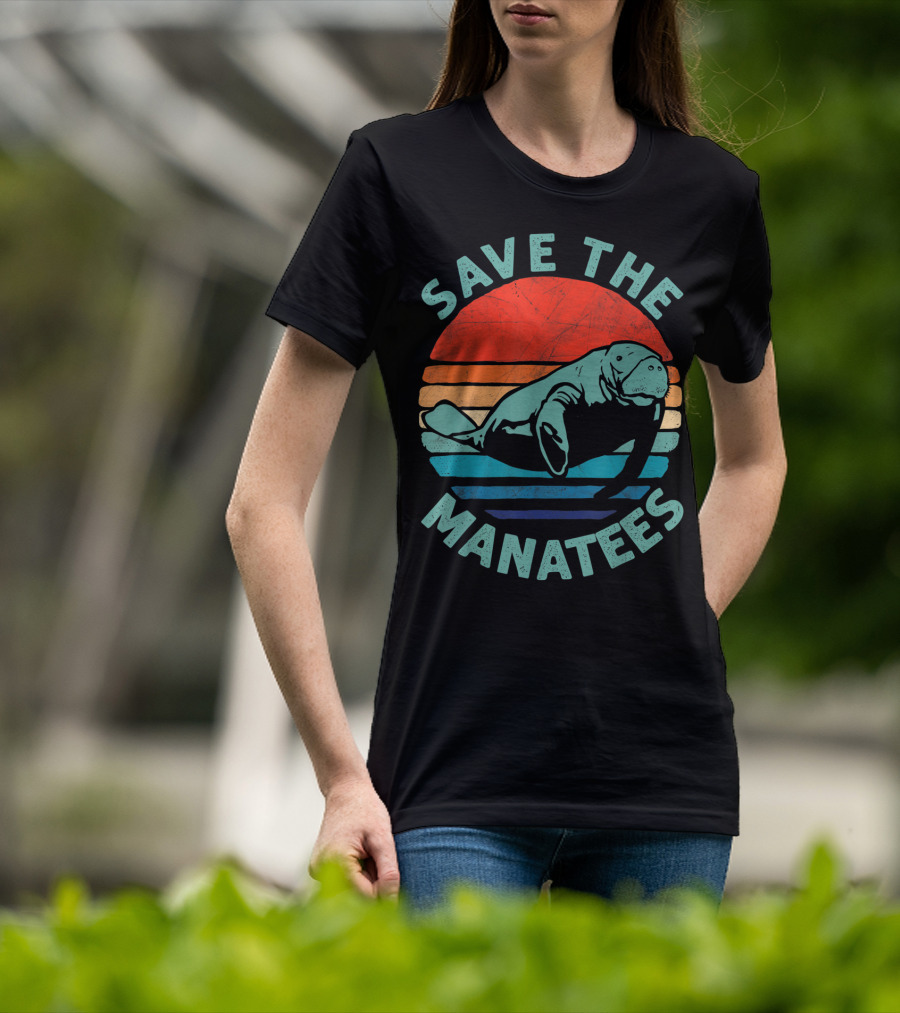 Save The Manatees Retro Stripes Sunset T-Shirt