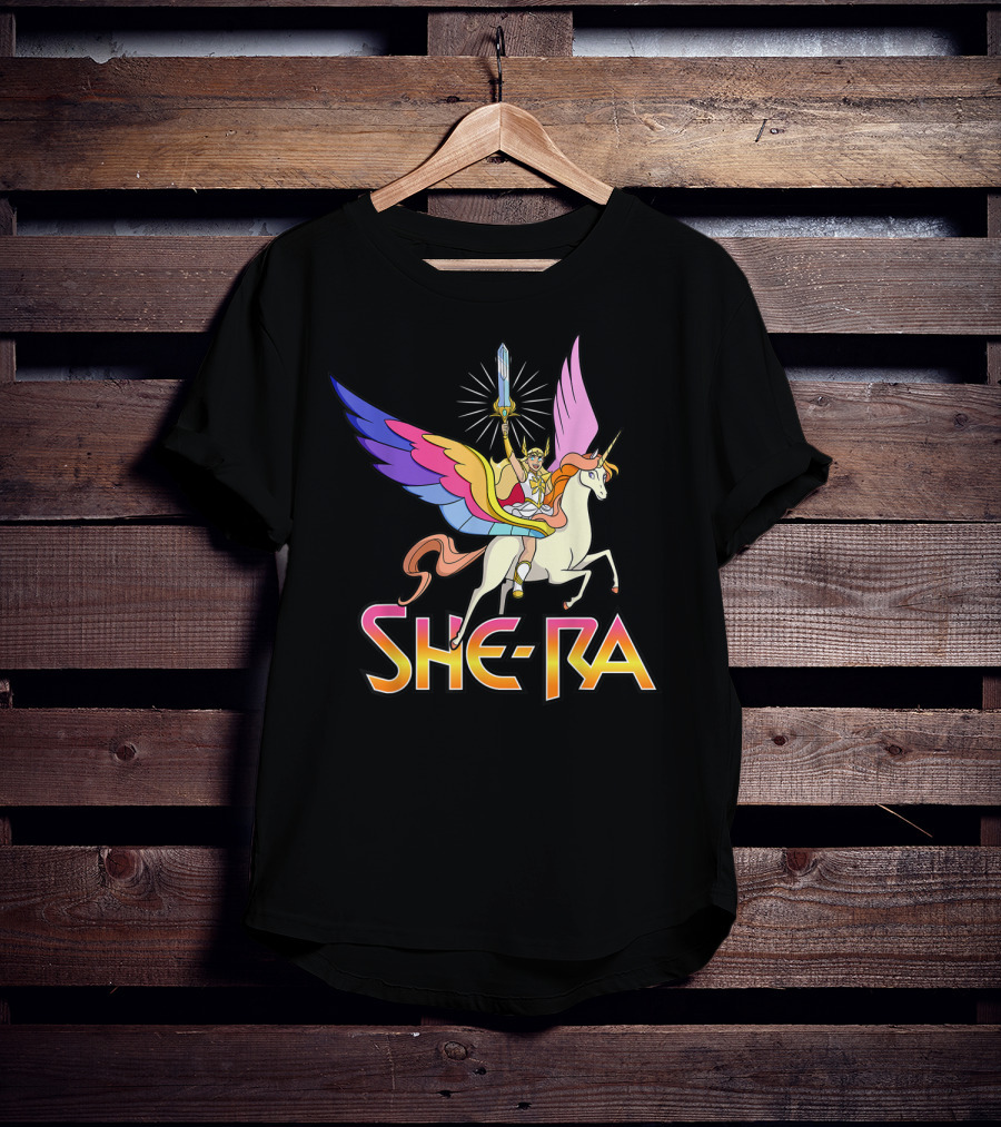 She Ra Riding A Winged Unicorn Holding Sword Of Protection T-Shirt