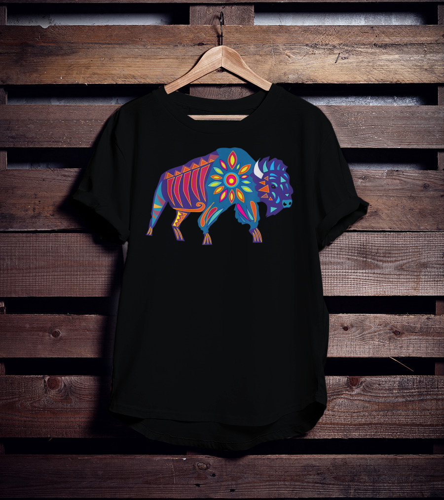 Vibrant Sunflower Buffalo In Colorful Geometric T-Shirt