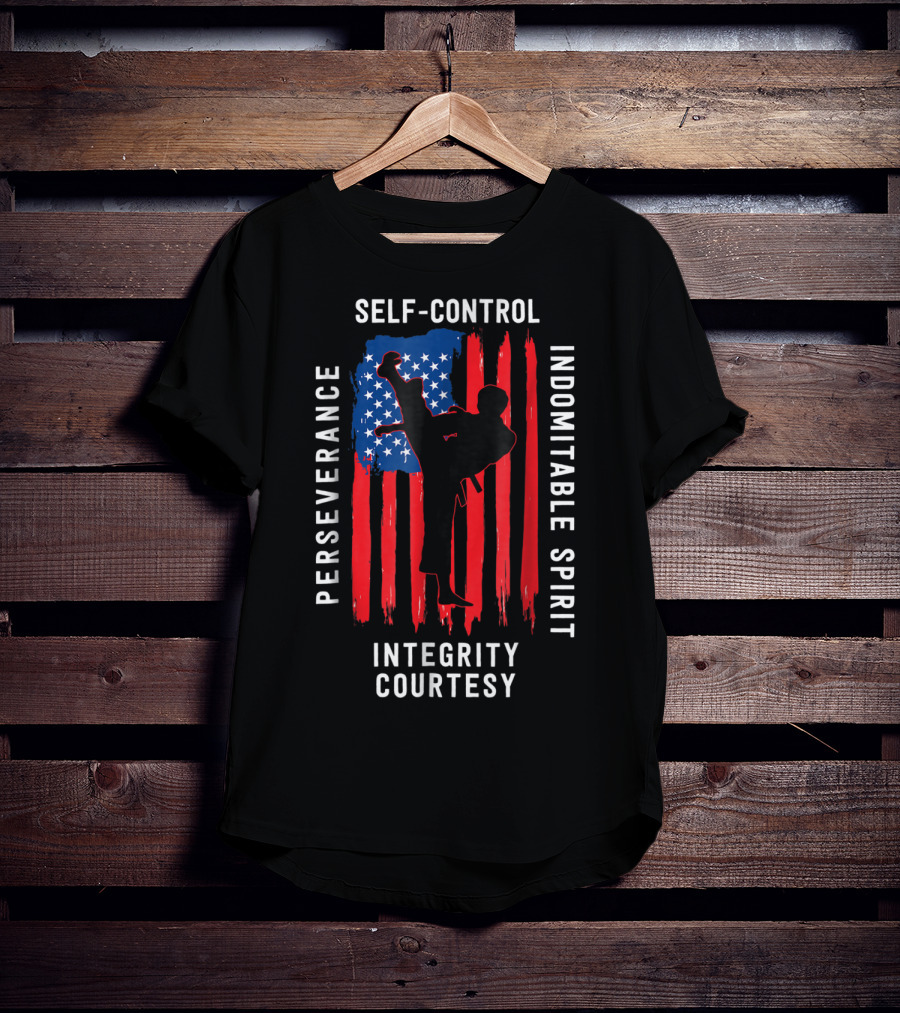 Taekwondo USA Flag Perseverance Courtesy Integrity Self-Control Indomitable Spirit T-Shirt