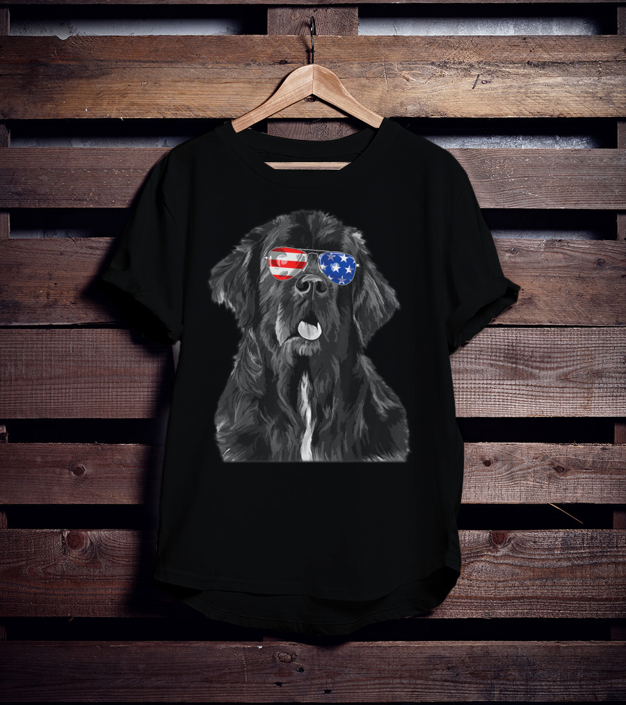 Vintage Newfoundland Dog With American Flag Glasses T-Shirt