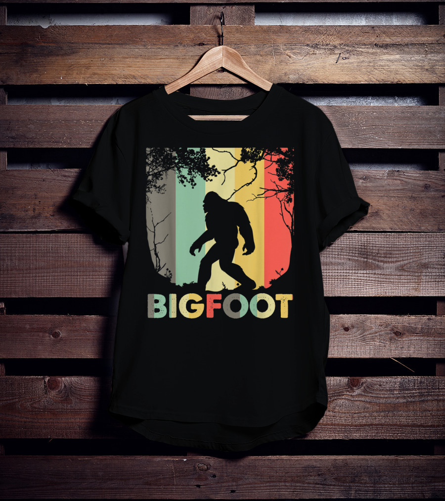 Bigfoot Silhouette Retro Forest Stripes T-Shirt