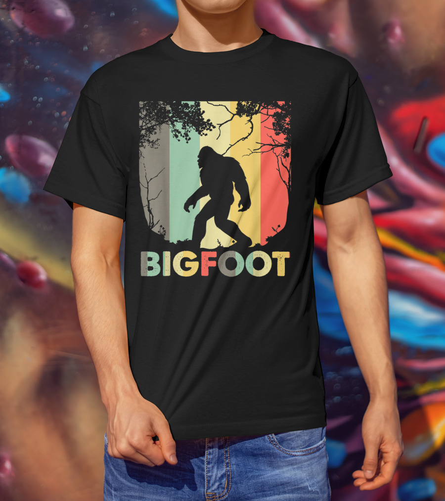 Bigfoot Silhouette Retro Forest Stripes T-Shirt
