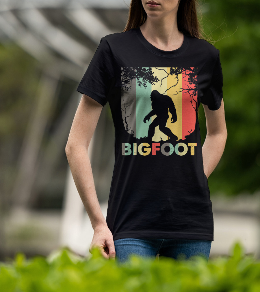 Bigfoot Silhouette Retro Forest Stripes T-Shirt
