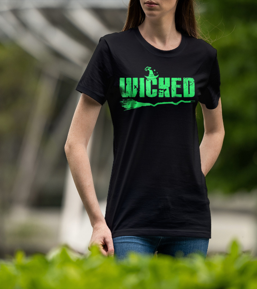 Wicked Green Witch Hat Broomstick Halloween Magic T-Shirt