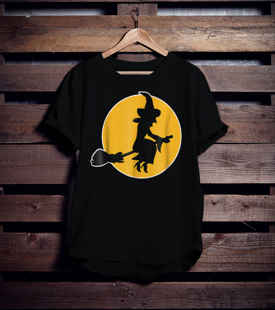 Witch Silhouette Flying Over Yellow Moon T-Shirt
