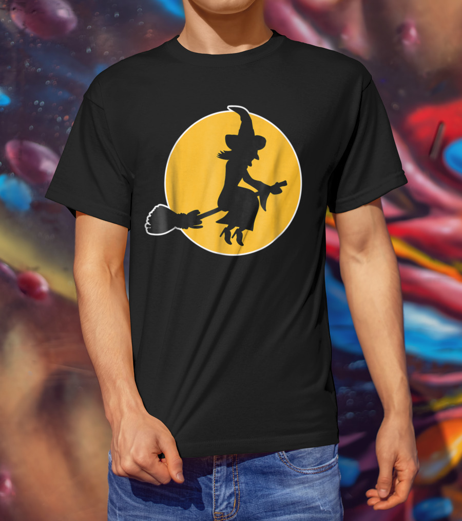 Witch Silhouette Flying Over Yellow Moon T-Shirt
