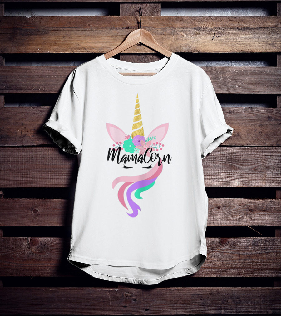 Mamacorn Cute Unicorn Gold Horn Floral Ears Rainbow Mane T-Shirt