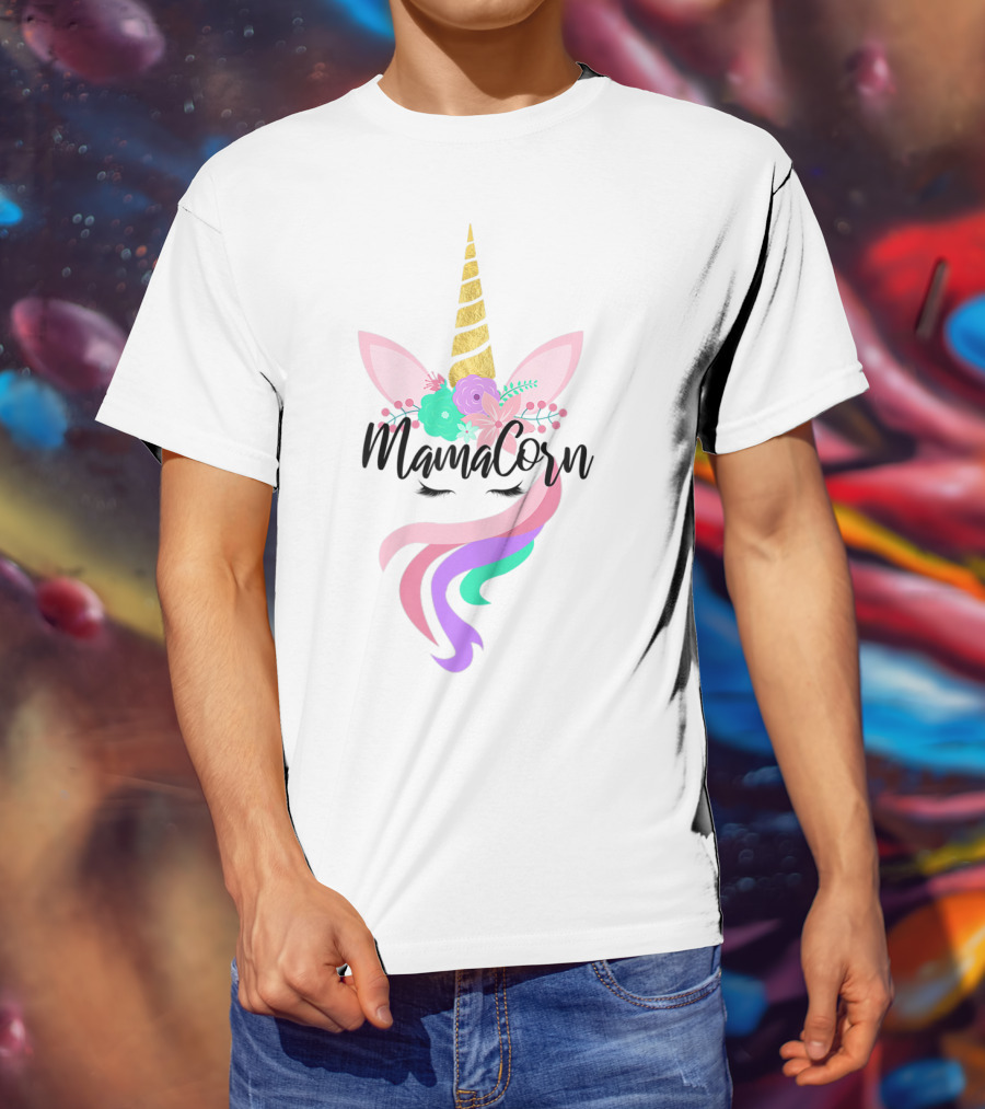 Mamacorn Cute Unicorn Gold Horn Floral Ears Rainbow Mane T-Shirt