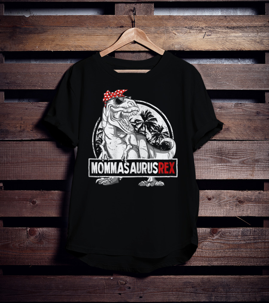 Mommasaurus Rex Dinosaur With Red Bandana And Palm Trees T-Shirt