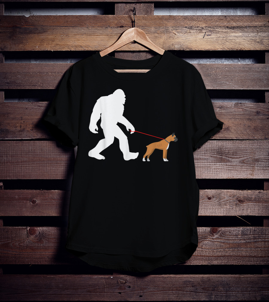 Bigfoot Sasquatch Walking Boxer Dog Novelty T-Shirt