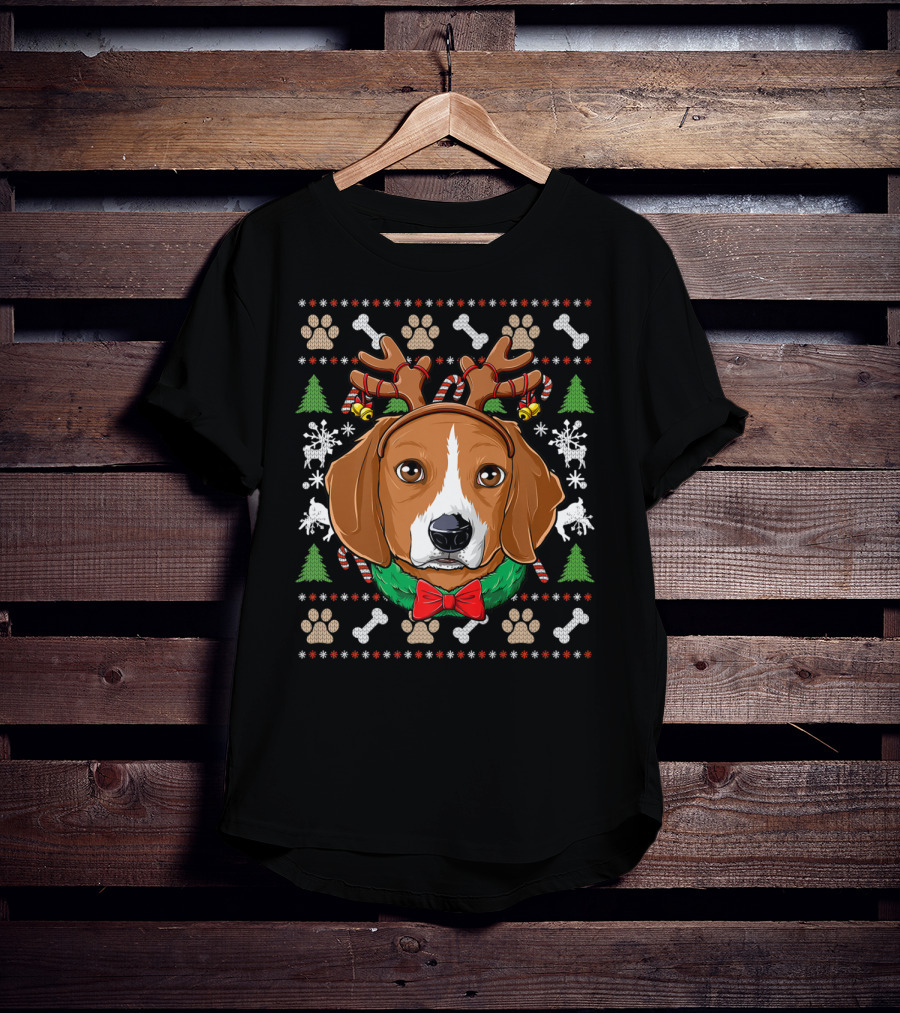 Beagle Reindeer Antlers Ugly Christmas Sweater Paw Prints T-Shirt