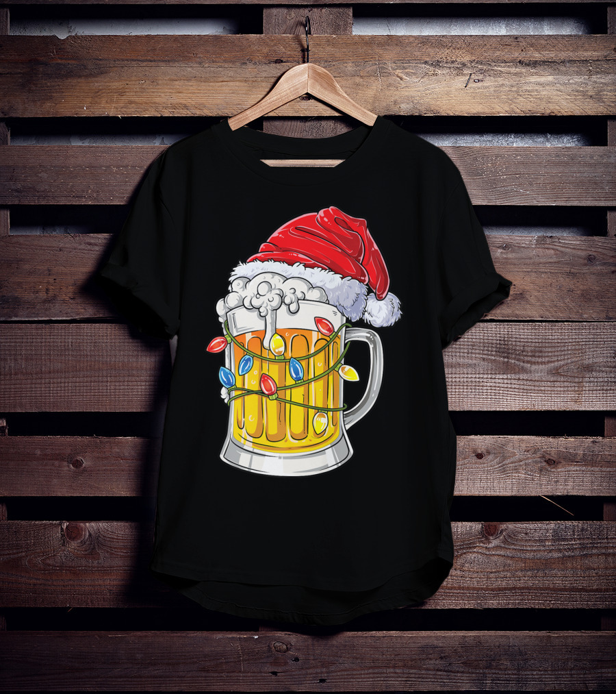 Beer Santa Hat Christmas Lights Holiday Cheer T-Shirt