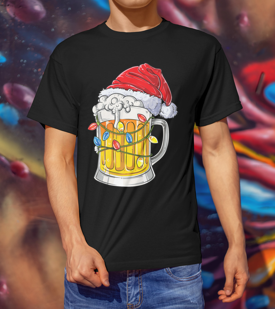 Beer Santa Hat Christmas Lights Holiday Cheer T-Shirt