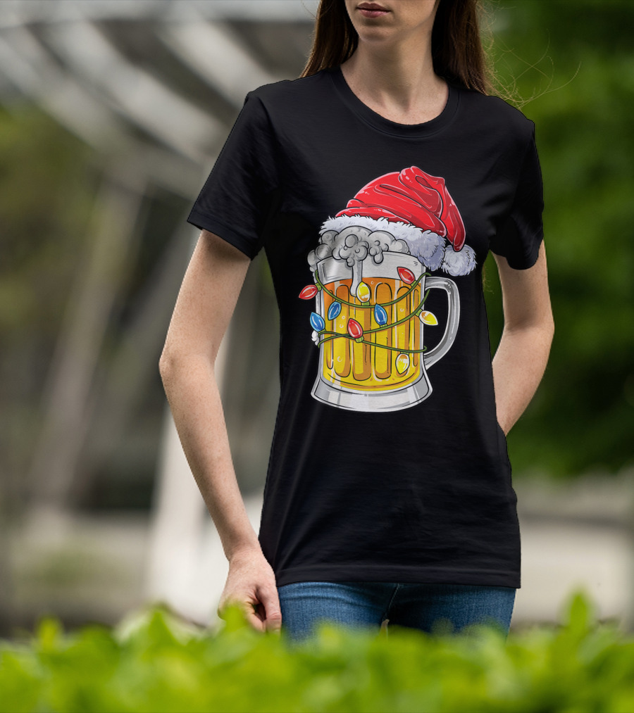 Beer Santa Hat Christmas Lights Holiday Cheer T-Shirt