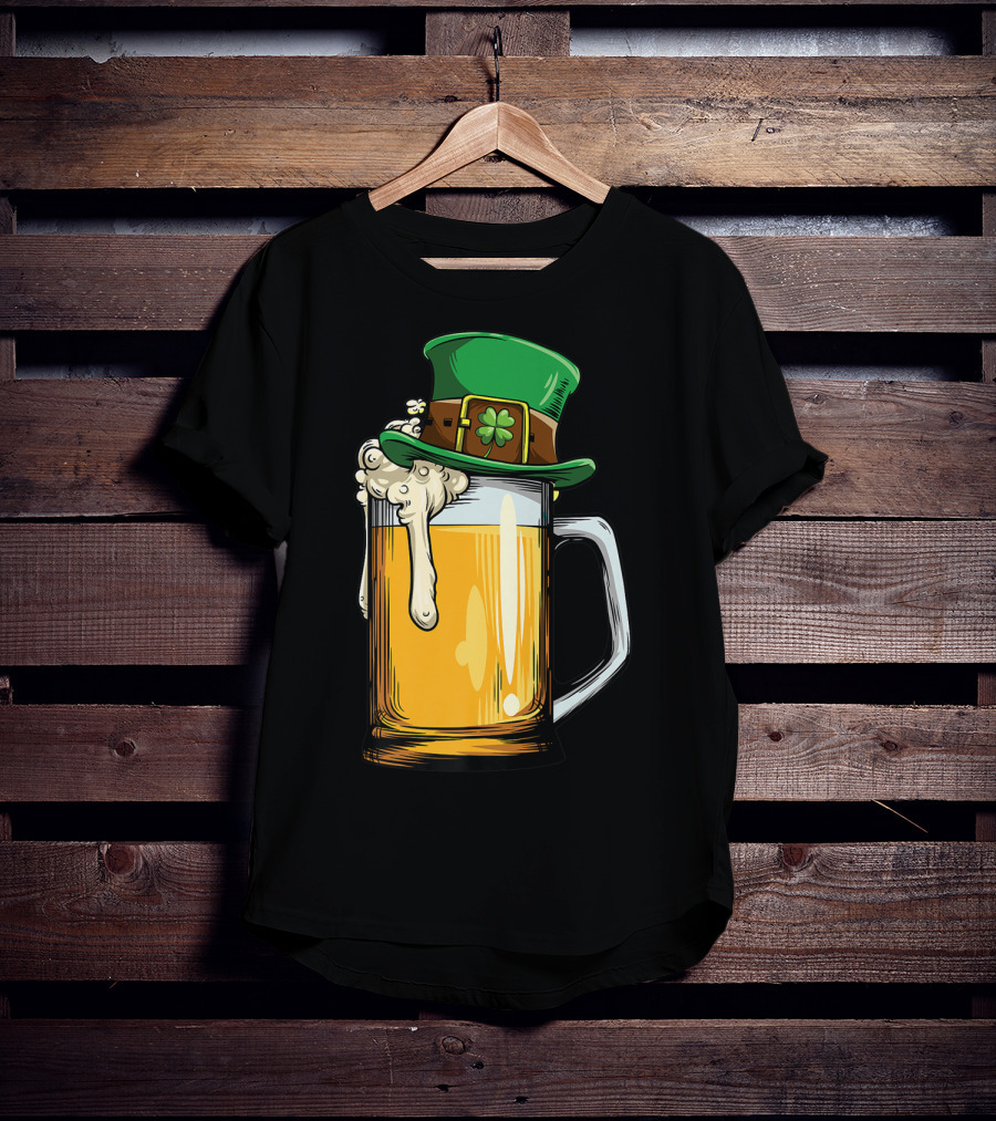 Leprechaun Hat Overflowing Beer Mug With Shamrock Foam T-Shirt