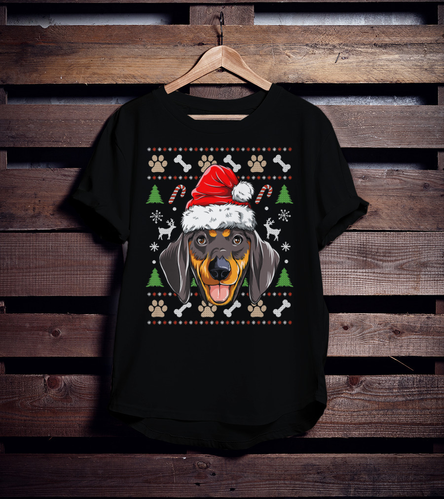 Dachshund Christmas Santa Hat Ugly Sweater Dog With Trees And Candy Canes T-Shirt