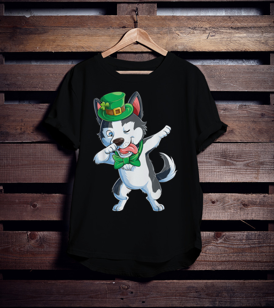 St. Patrick's Day Dabbing Siberian Husky With Green Hat And Bow Tie T-Shirt