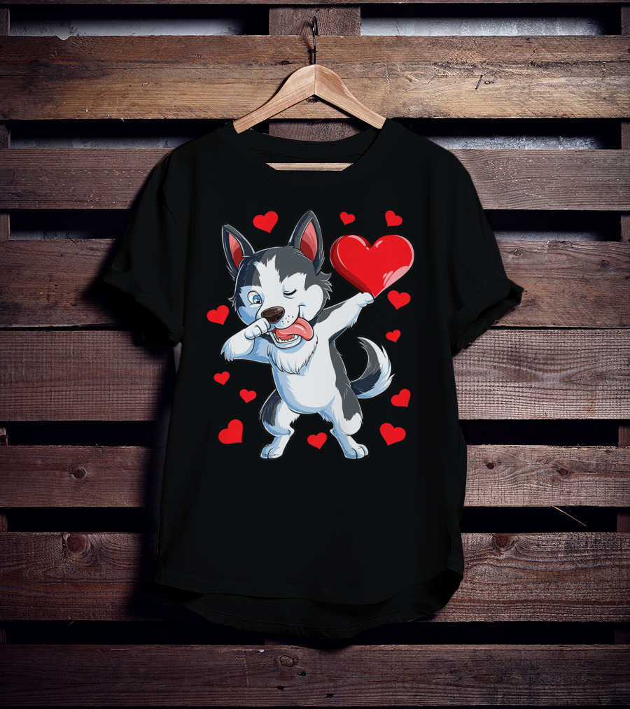 Dabbing Siberian Husky Holding Heart Surrounded By Red Valentine Hearts T-Shirt