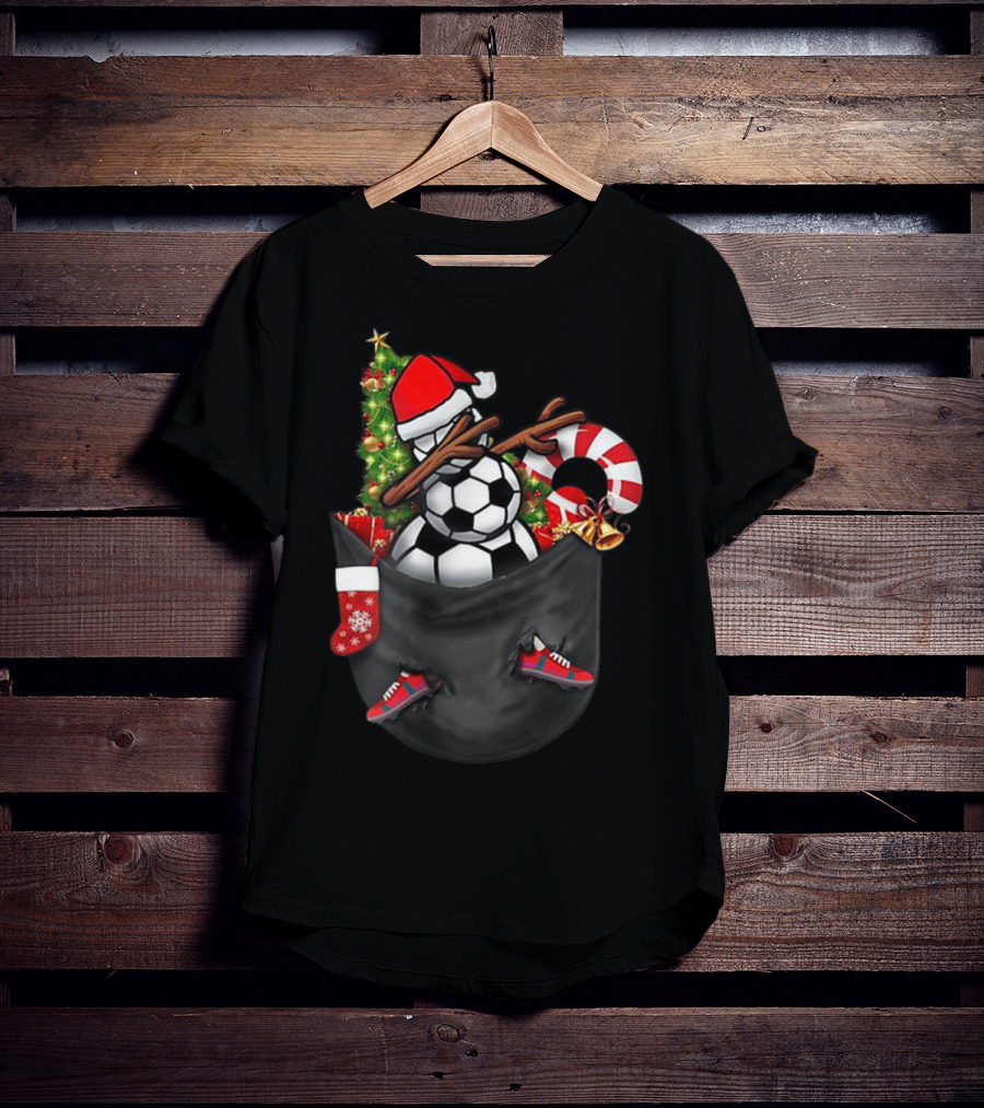 Dabbing Snowman Soccer Ball Christmas Tree Candy Cane Stocking Football Shoes In Your Pocket T-Shirt