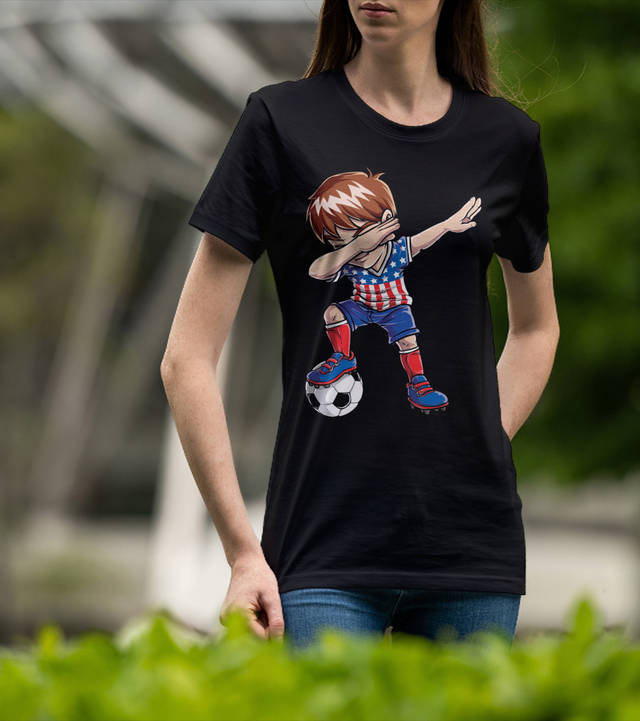 Dabbing Boy With Soccer Ball In American Flag Jersey T-Shirt