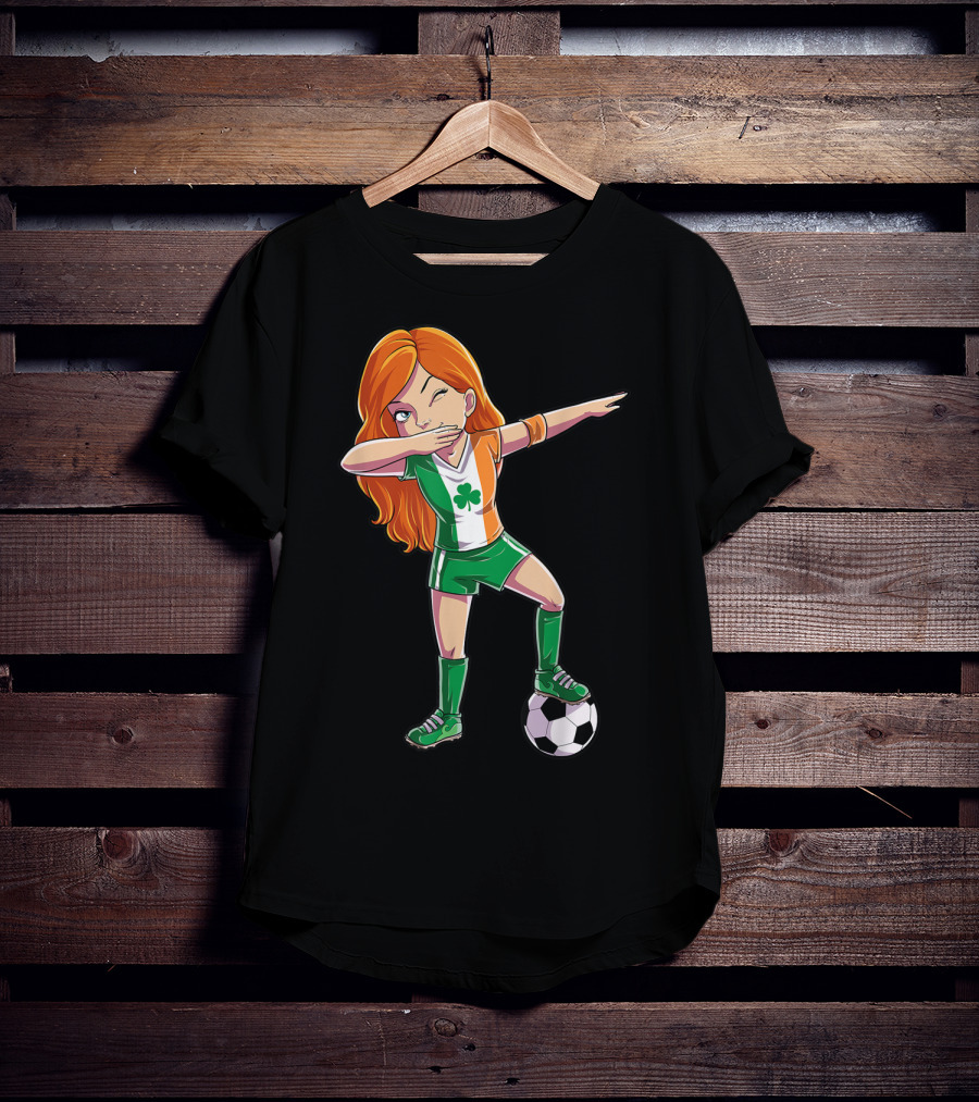 Dabbing Irish Soccer Girl With Shamrock Jersey And Football T-Shirt